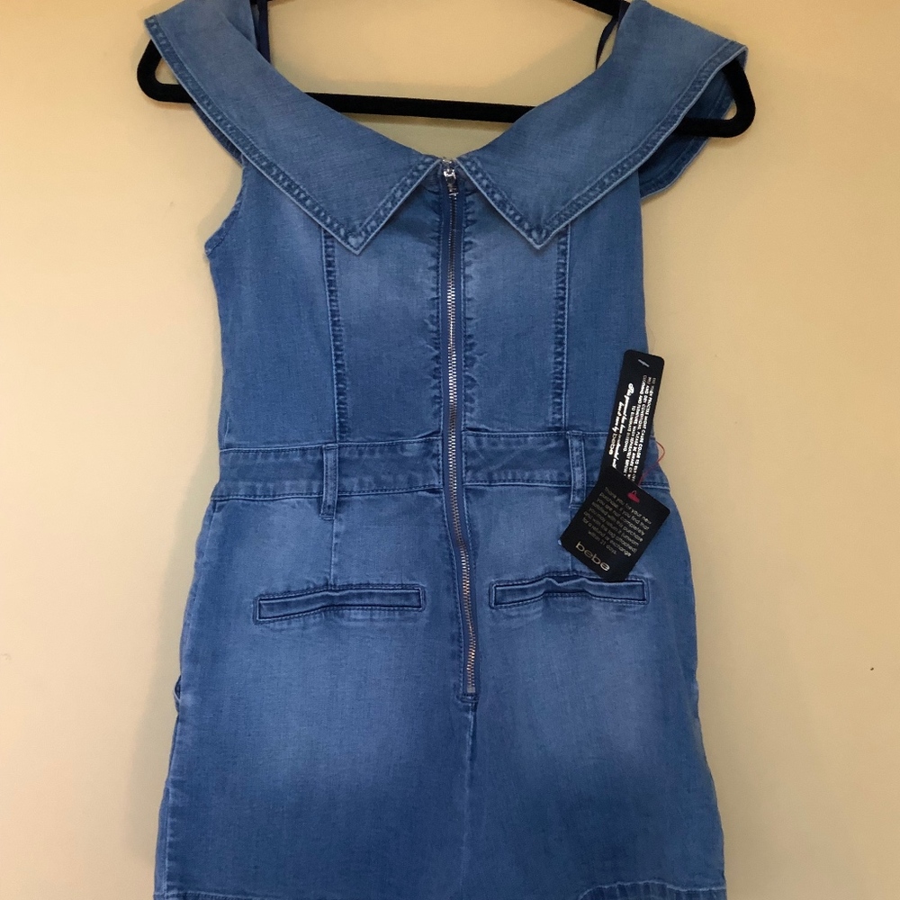 BEBE off- the -shoulder denim Romper.